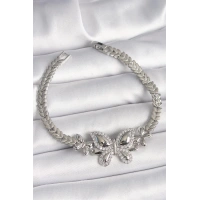 Pirinç Gümüş Renk Zirkon Taşlı Kelebek Model Kadın Bileklik