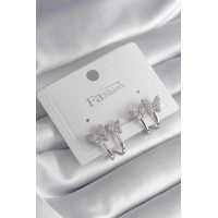 Pirinç Gümüş Renk Zirkon Taşlı Kelebek Model Kadın Küpe