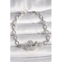 Pirinç Gümüş Renk Zirkon Taşlı Kuğu Figür Damla Zincir Model Kadın Bileklik