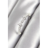 Pirinç Gümüş Renk Zirkon Taşlı Kurdele Model İnci Detay Kadın Yüzük