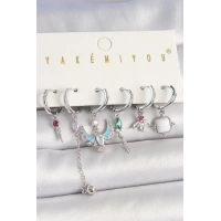 Pirinç Gümüş Renk Zirkon Taşlı Kuş Figür Çiçek Detay 6Lı Kadın Kombin Küpe