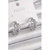 Pirinç Gümüş Renk Zirkon Taşlı Kutup Yıldız İşleme Detay Kadın Küpe