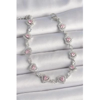 Pirinç Gümüş Renk Zirkon Taşlı Pembe Kalp Model VIP Seri Kadın Bileklik