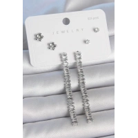 Pirinç Gümüş Renk Zirkon Taşlı Su Yolu Model Çiçek Detay 925 Ayar Gümüş Çivi Kadın Küpe Seti