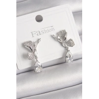 Pirinç Gümüş Renk Zirkon Taşlı Turna Kuşu Model Sallantı Detay Kadın Küpe