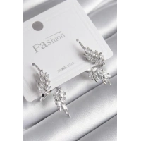 Pirinç Gümüş Renk Zirkon Taşlı Yaprak Model Kadın Küpe