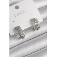 Pirinç Gümüş Renk Zirkon Taşlı Yarım Halka Model Kadın Küpe