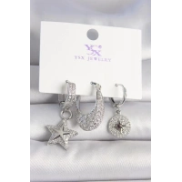 Pirinç Gümüş Renk Zirkon Taşlı Yıldız Model Kutup Yıldız İşleme Detay 3Lü Kadın Kombin Küpe