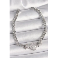 Pirinç Gümüş Renk Zirkon Taşlı Yonca Figür Zincir Model Kadın Bileklik