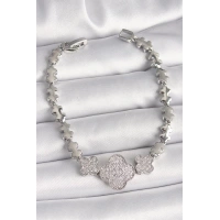 Pirinç Gümüş Renk Zirkon Taşlı Yonca Model Zincir Model Kadın Bileklik