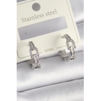 Pirinç Gümüş Renk Zirkon Taşlı Zincir Model Kadın Küpe