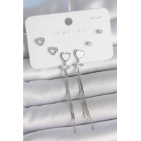 Pirinç Gümüş Sallantı Beyaz Mineli Kalp Model Zirkon Taşlı Kalp Detay 925 Ayar Gümüş Çivi Kadın Küpe Seti