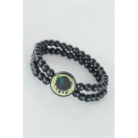 Sarı Renkli Metal Üzerine Osmanlı Arma Figürlü Siyah Renk Çift Sıra Doğal Taş Erkek Bileklik