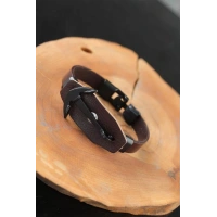 Siyah Deniz Çapalı Çelik Aksesuarlı Kahverengi Deri Erkek Bileklik