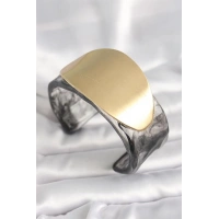 Siyah Mermer Desen Akrilik Plastik Gold Oval Plaka Model Vintage Kadın Bilezik