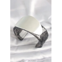 Siyah Mermer Desen Akrilik Plastik Gümüş Oval Plaka Model Vintage Kadın Bilezik