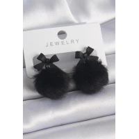 Siyah Renk Kurdele Ponpon Model Kadın Küpe