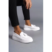 SLW154 Blaze Bağcıksız Püsküllü Cilt Erkek Günlük Spor Klasik Ayakkabı BT - Beyaz