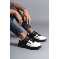 SLW155 Warrior Bağcıklı ve Fermuarlı Cilt Erkek Günlük Sneaker Ayakkabı ST - Siyah/Beyaz