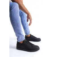 SLW165 Elite Bağcıklı Cilt Erkek Günlük Sneaker Ayakkabı ST - Siyah