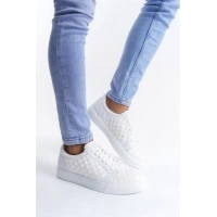 SLW166 Prestige Bağcıklı Cilt Kapitone Desenli Erkek Günlük Sneaker Ayakkabı BT - Beyaz