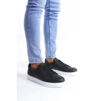 SLW166 Prestige Bağcıklı Cilt Kapitone Desenli Erkek Günlük Sneaker Ayakkabı BT - Siyah