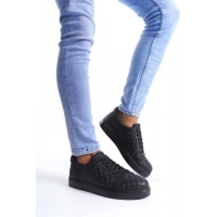 SLW166 Prestige Bağcıklı Cilt Kapitone Desenli Erkek Günlük Sneaker Ayakkabı ST - Siyah