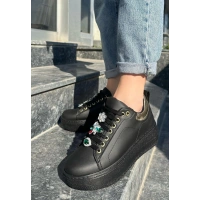 Tenya Siyah Cilt Taşlı Bağcıklı Spor Ayakkabı