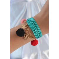 Turkuaz Renk Kar Tanesi Figür Zincir Detay İpli Çoklu Bileklik