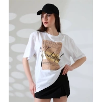 Varak Baskılı imza desen Kadın T-Shirt