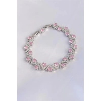 Vip Seri Pirinç Pembe Zirkon Taşlı Gümüş Renk V Model Bileklik