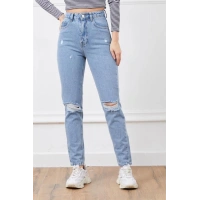 Yüksek bel yırtmaçlı mom jean pantolon