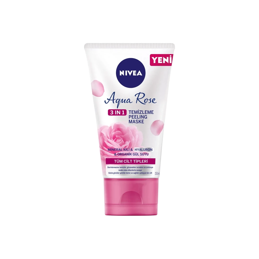 Nivea Aqua Rose 3Ü1 Arada Yüz Temizleme Peeling Maske,Organik Gül Suyu,Hyaluron,Mineral Kili 150 Ml