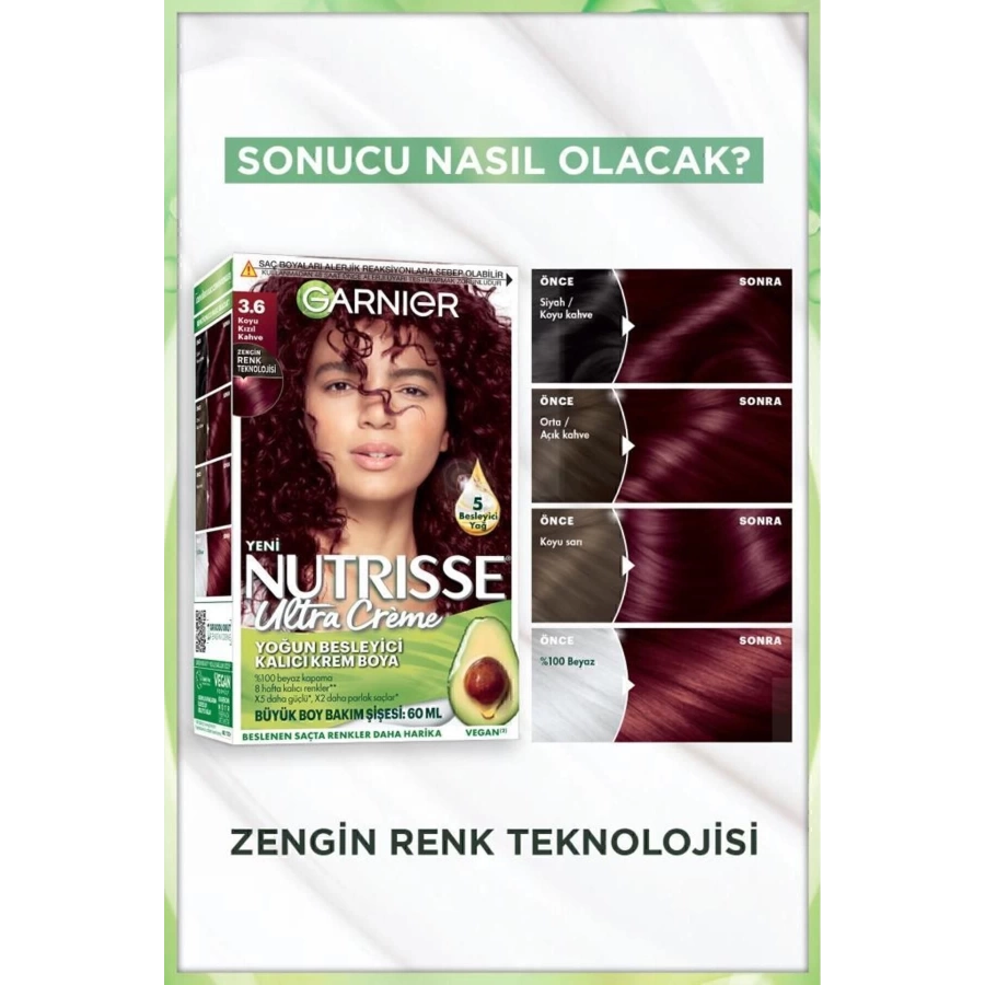 Garnier Nutrisse Yoğun Besleyici Kalıcı Krem Saç Boyası 3.6 Koyu Kızıl Kahve