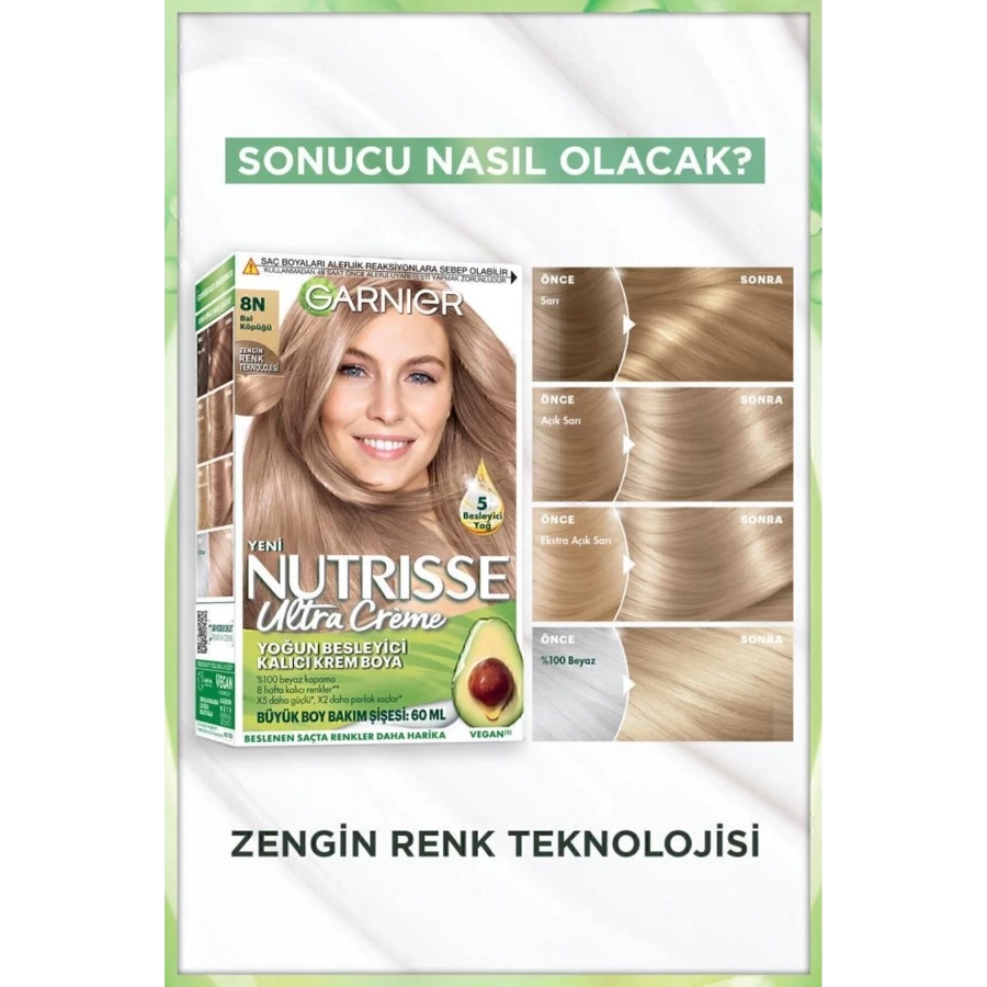 Garnier Nutrisse Yoğun Besleyici Kalıcı Krem Saç Boyası 8N Bal Köpüğü