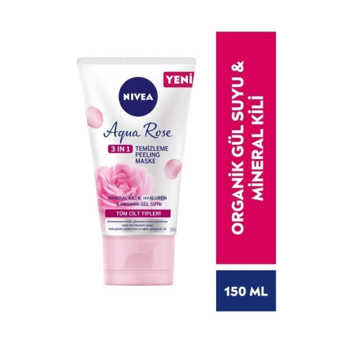 Nivea Aqua Rose 3Ü1 Arada Yüz Temizleme Peeling Maske,Organik Gül Suyu,Hyaluron,Mineral Kili 150 Ml