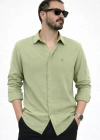 Fıstık Yeşili İthal Premium Nakış Logo Müslin Keten Gömlek