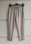 Bej Beli Lastikli Duble Paça Premium Kumaş Pantolon
