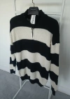 Siyah Beyaz Çizgili Selanik Örgü Yarım Femuar Detaylı Uzun Kollu Triko
