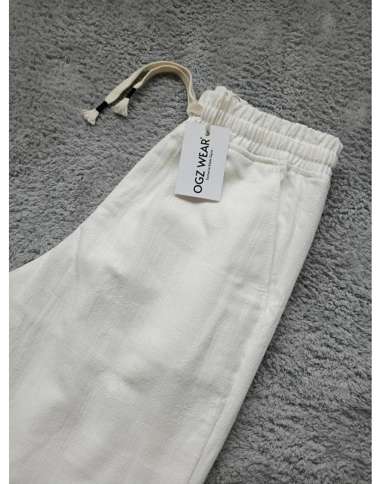 Ham Keten Kırık Beyaz Premium Kumaş Krem Boyfriend Kalıp Pantolon