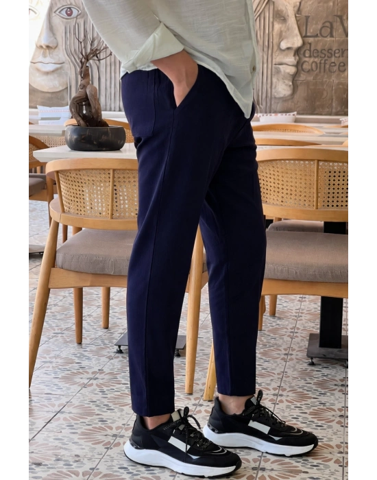 Lacivert Ham Keten Premium Kumaş Boyfriend Kalıp Pantolon