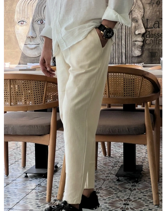 Krem Ham Keten Premium Kumaş Boyfriend Kalıp Pantolon