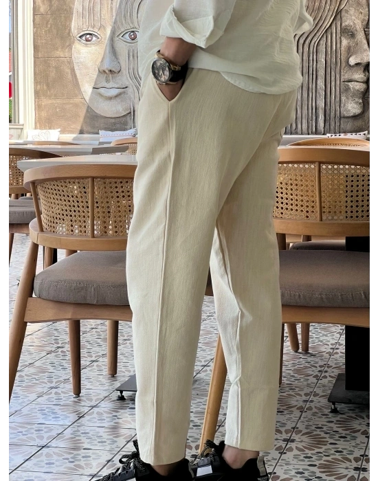Krem Ham Keten Premium Kumaş Boyfriend Kalıp Pantolon