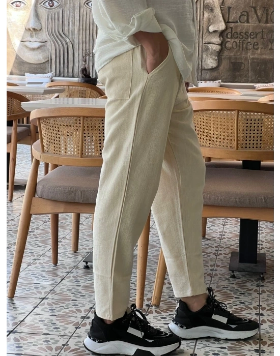 Krem Ham Keten Premium Kumaş Boyfriend Kalıp Pantolon
