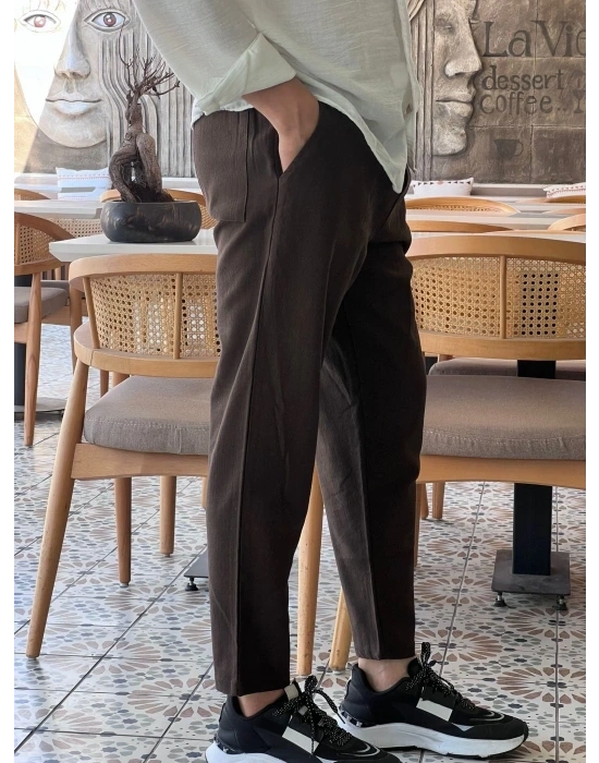 Kahve Ham Keten Premium Kumaş Boyfriend Kalıp Pantolon