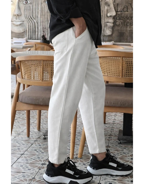 Ekru Ham Keten Premium Kumaş Boyfriend Kalıp Pantolon