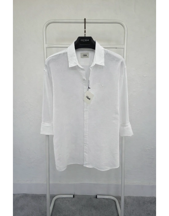 Beyaz İthal Premium Nakış Logo Müslin Keten Gömlek