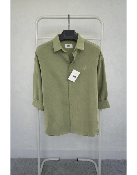Fıstık Yeşili İthal Premium Nakış Logo Müslin Keten Gömlek