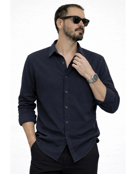 Lacivert İthal Premium Nakış Logo Müslin Keten Gömlek