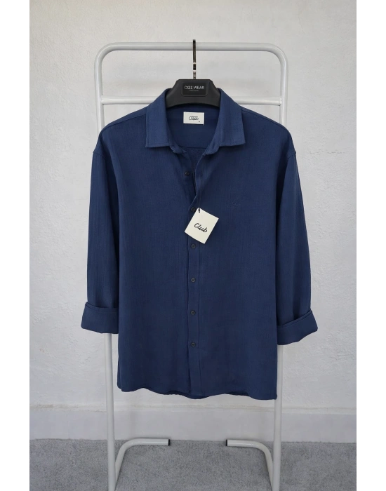 Lacivert İthal Premium Nakış Logo Müslin Keten Gömlek